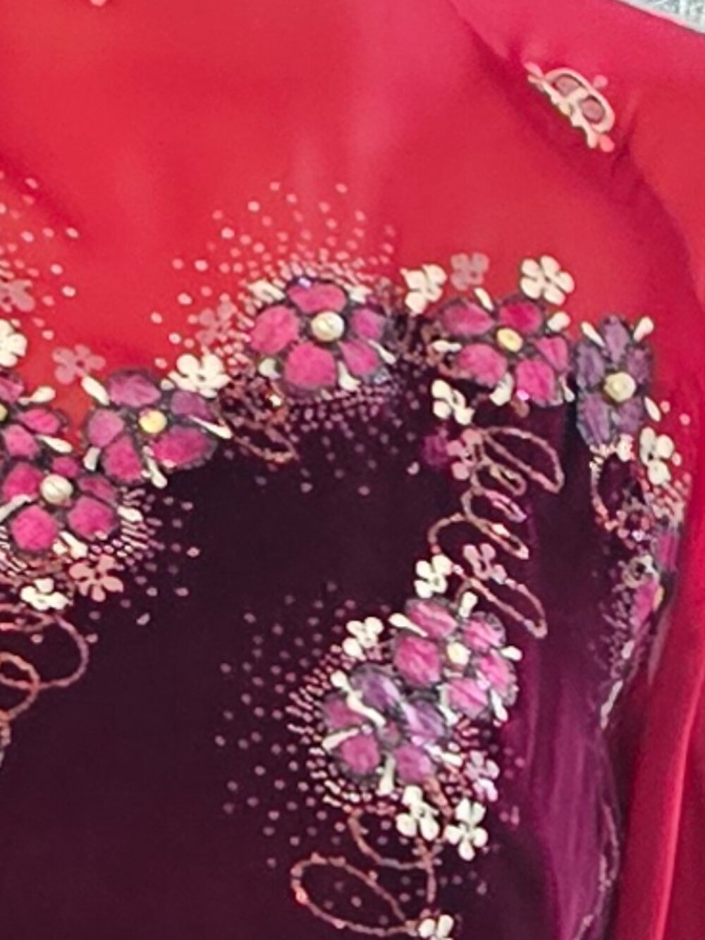 Pháo Trang Vintage Vietnamese Ao Dai – Burgundy Velvet & Red Embroidered Dress - Picture 10 of 11